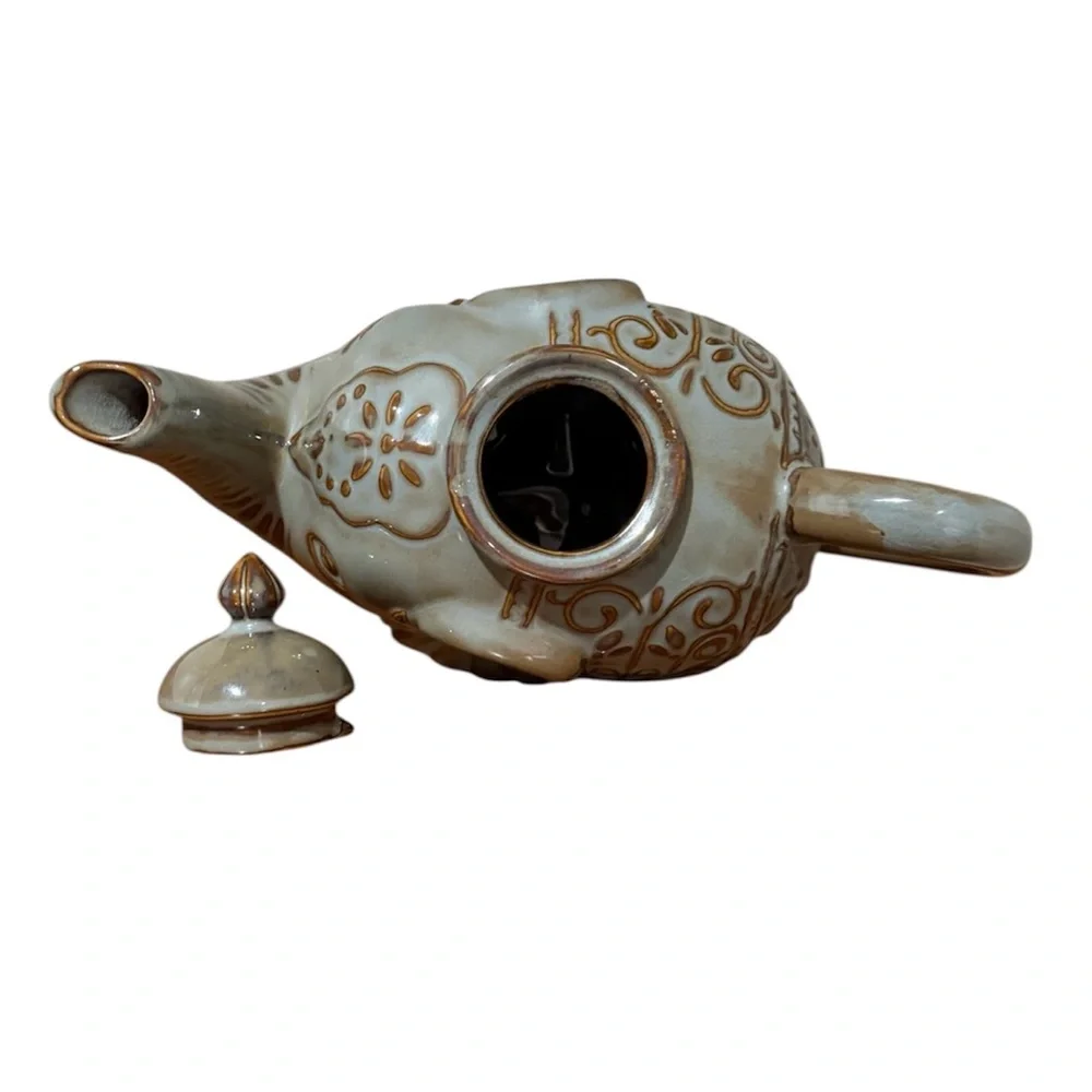 Pier 1 Imports Stoneware Elephant Tea Pot Trunk Up Handle & Lid Green & Brown